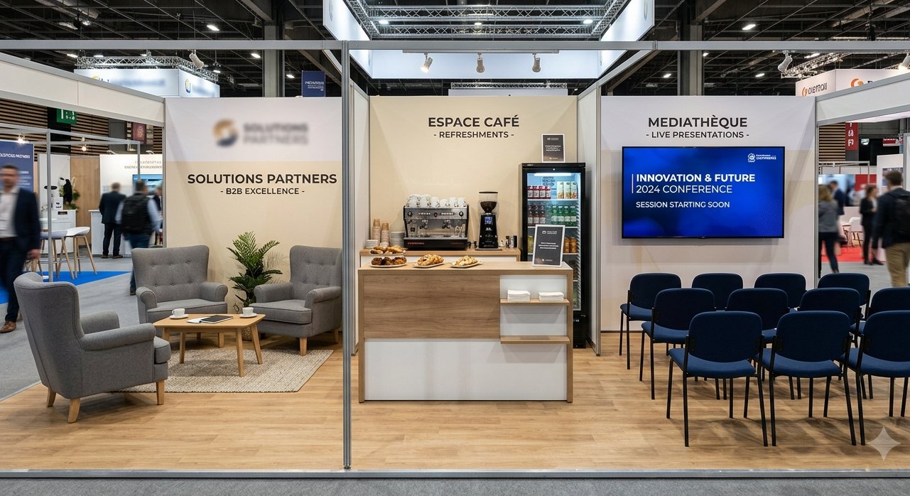Proposition 3D d'un stand ouvert avec espace café